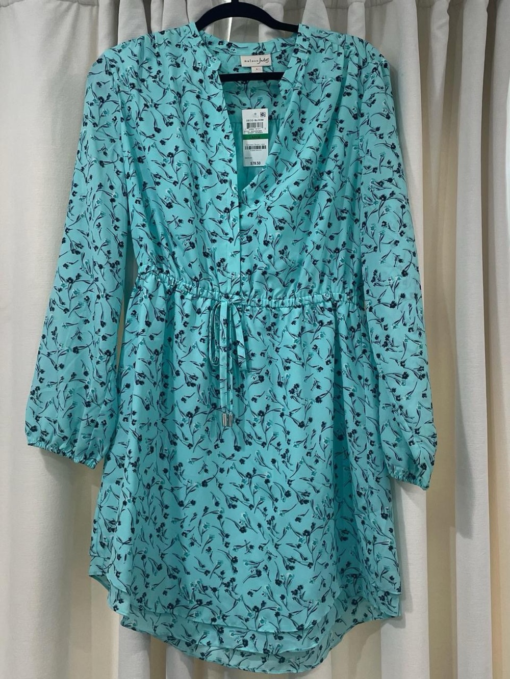 Maison Jules Aqua Floral Long Sleeve Tie-Waist Dress
